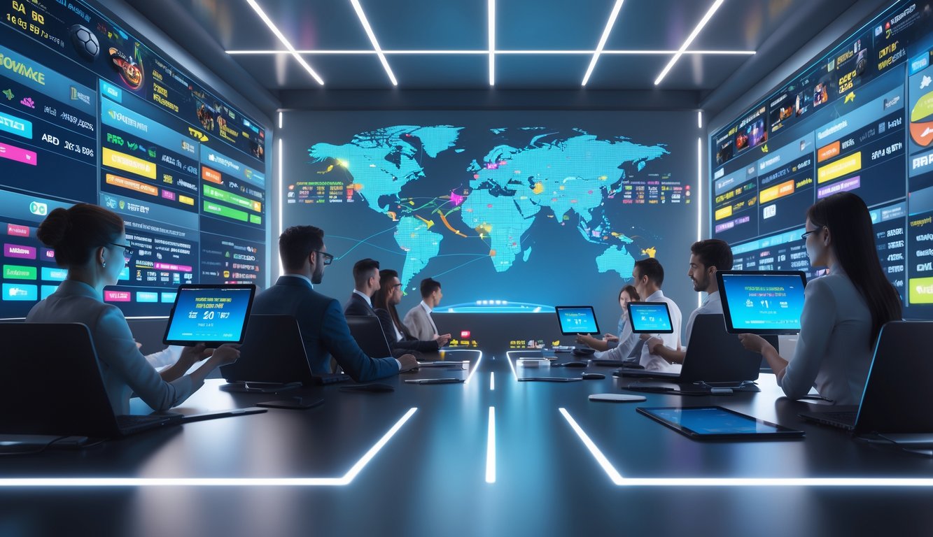Orang-orang di ruang kerja modern dengan layar besar menampilkan berbagai pertandingan olahraga global secara langsung.