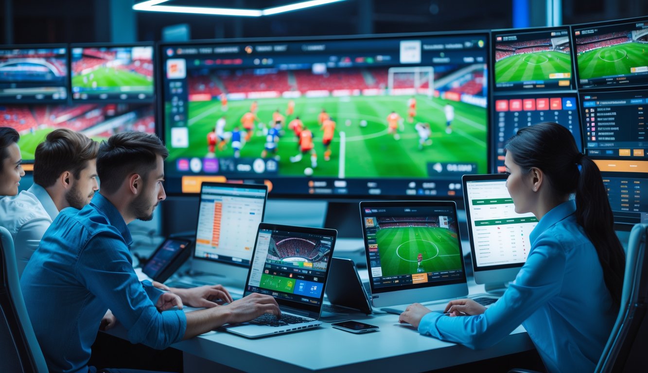 Orang-orang profesional sedang memantau pertandingan olahraga secara online dengan beberapa layar menampilkan pertandingan sepak bola dan statistik waktu nyata.