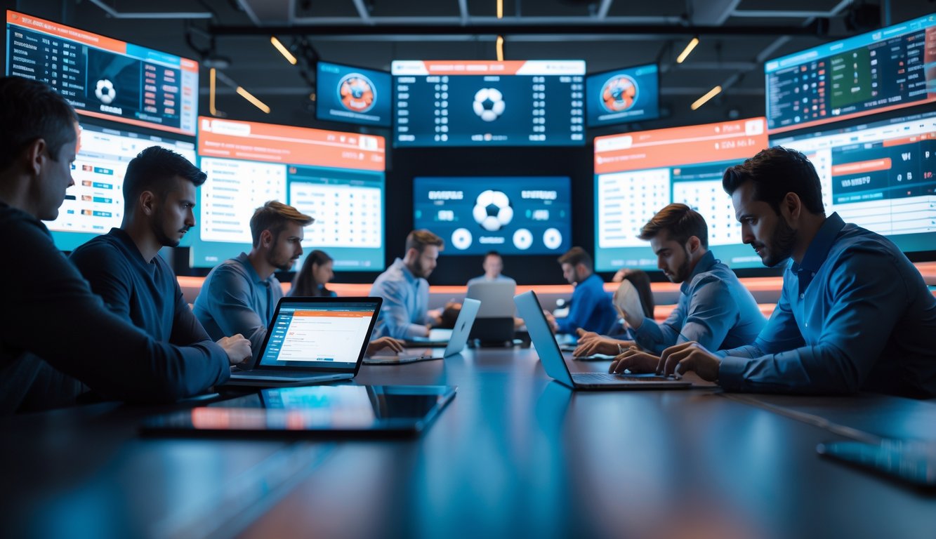 Orang-orang di ruang kerja modern memantau pertandingan olahraga secara online dengan beberapa layar besar menampilkan pembaruan skor dan statistik pertandingan secara real-time.