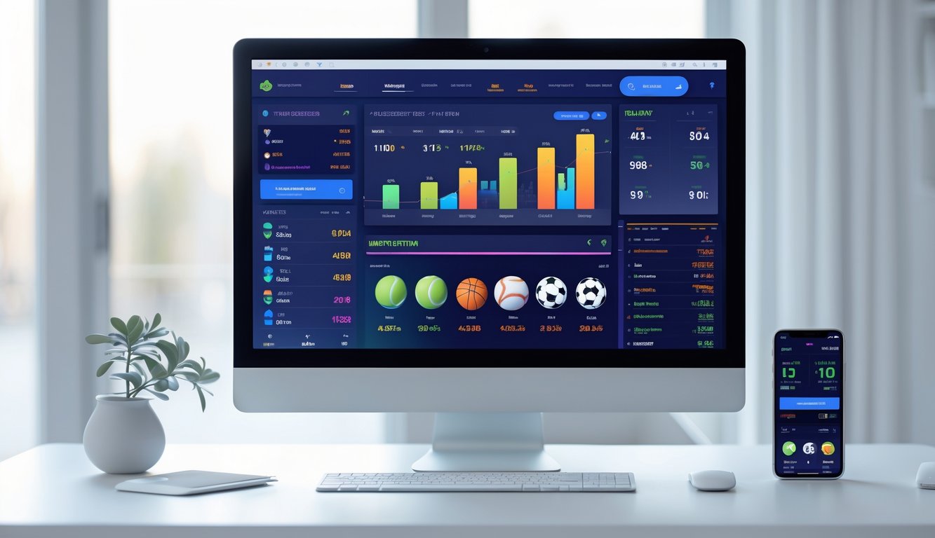 Antarmuka pusat pertandingan lengkap pada layar komputer dan ponsel di meja modern.