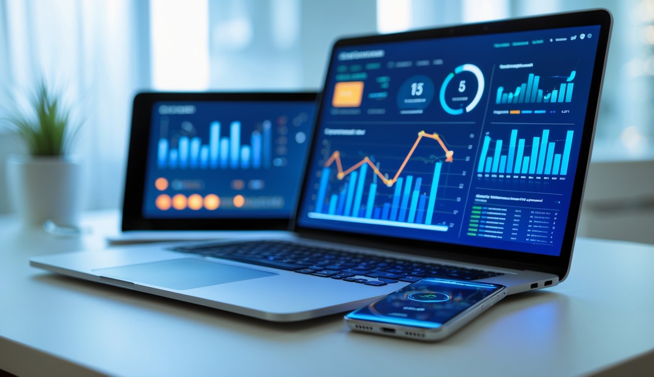 Seorang pengguna bekerja dengan laptop dan ponsel di meja yang rapi, menunjukkan akses platform online yang stabil.