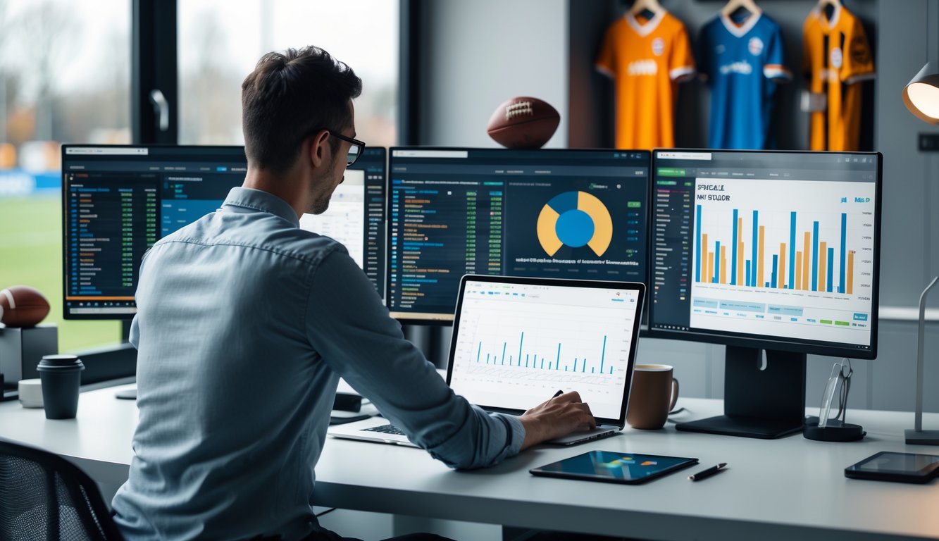 Seorang profesional sedang menganalisis data pertandingan olahraga menggunakan beberapa monitor komputer di meja kerja modern.