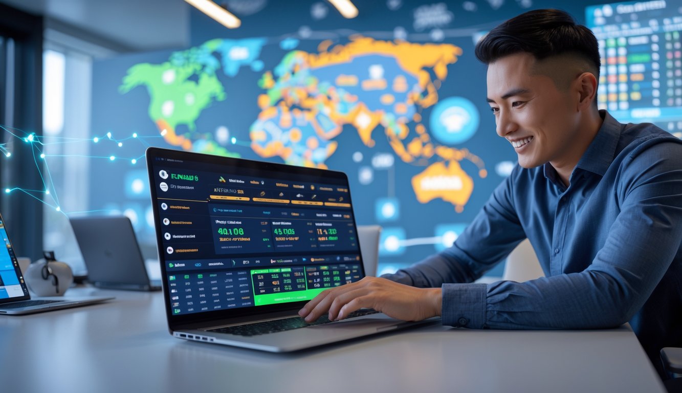 Seorang pria menggunakan laptop di meja kerja dengan tampilan taruhan olahraga internasional di layar.