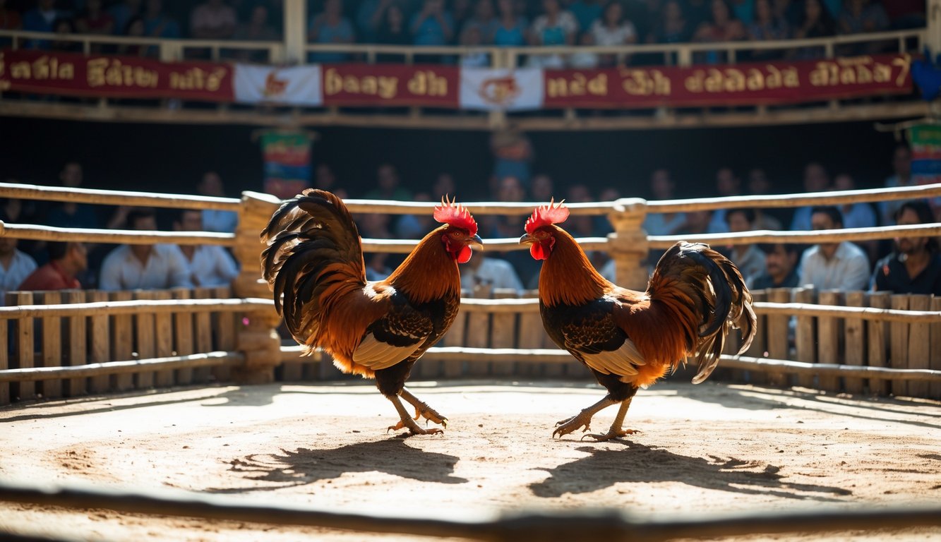 Dua ayam bertarung di arena sabung ayam yang terorganisir dengan penonton mengelilingi ring.