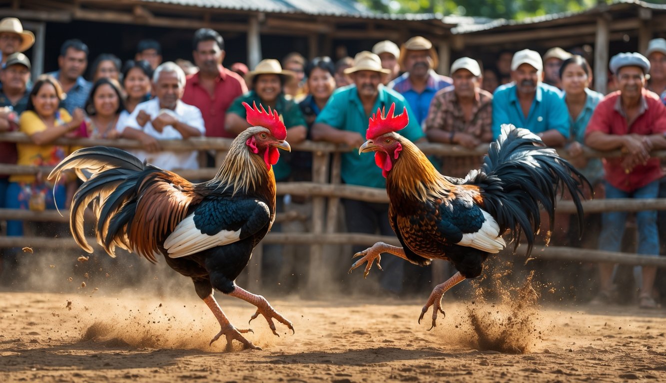 Dua ayam jago sedang bertarung di depan kerumunan orang yang antusias di sebuah acara komunitas luar ruangan.