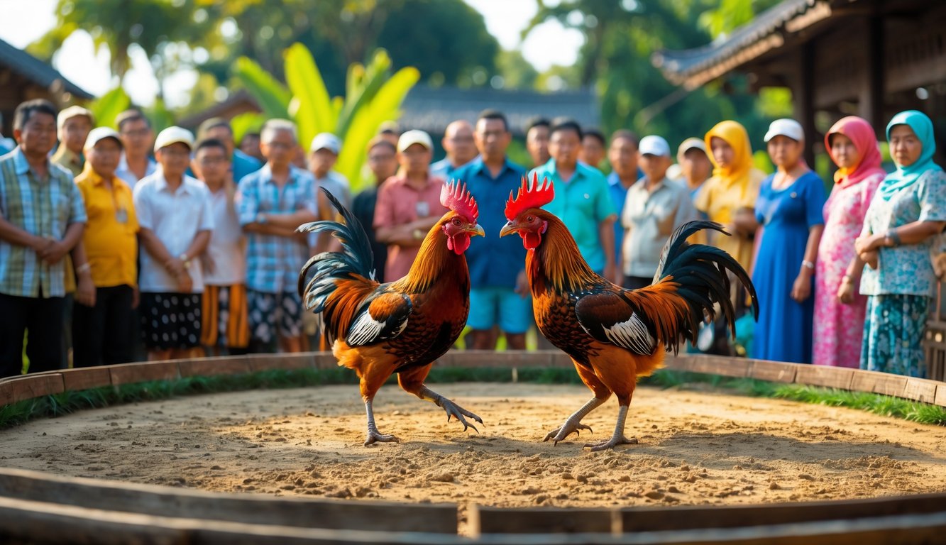 Dua ayam jago sedang bertarung di arena melingkar dengan penonton yang mengamati dari sekelilingnya di luar ruangan.