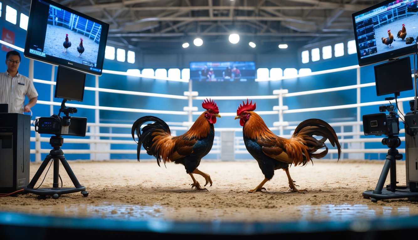 Arena sabung ayam modern dengan dua ayam aduan sedang bertarung dan peralatan teknologi siaran langsung di sekitarnya.