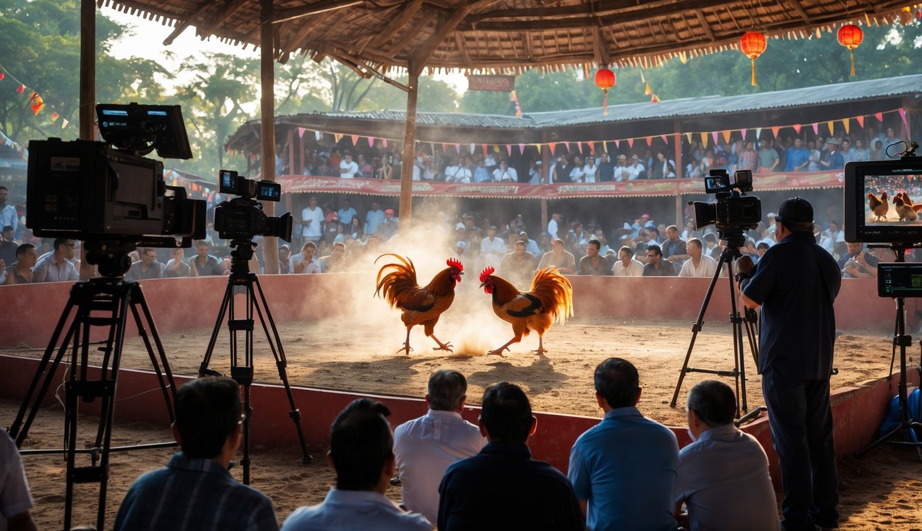 Pertandingan sabung ayam dengan dua ayam bertarung di arena terbuka, dikelilingi penonton dan peralatan siaran langsung.