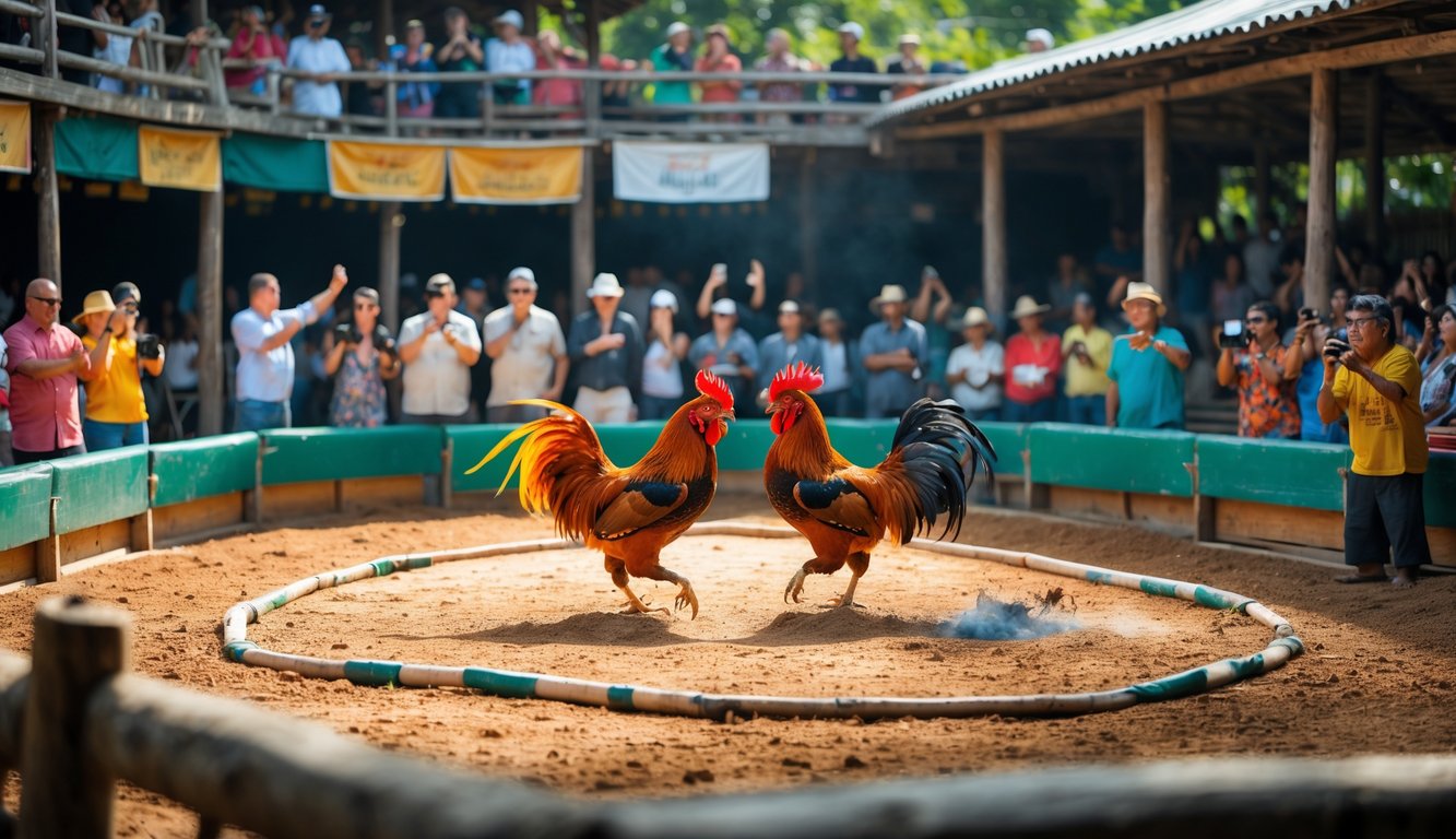 Suasana arena sabung ayam dengan dua ayam bertarung di tengah dan penonton yang antusias menyaksikan.