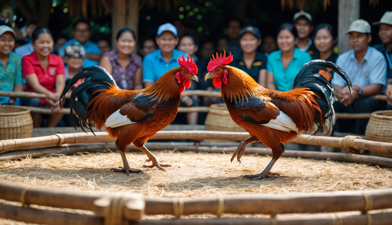 Dua ayam jantan sedang bertarung di arena melingkar dengan penonton yang memperhatikan dengan antusias.