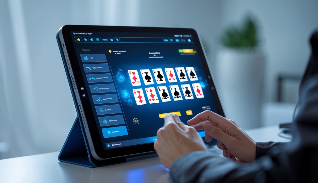 Seorang pemain menggunakan perangkat digital untuk bermain permainan kartu online dengan kartu yang terlihat jelas di layar.
