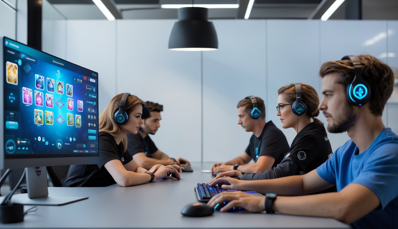 Sekelompok orang sedang bermain judi kartu online secara strategis di meja kompetitif dengan komputer dan perlengkapan gaming.