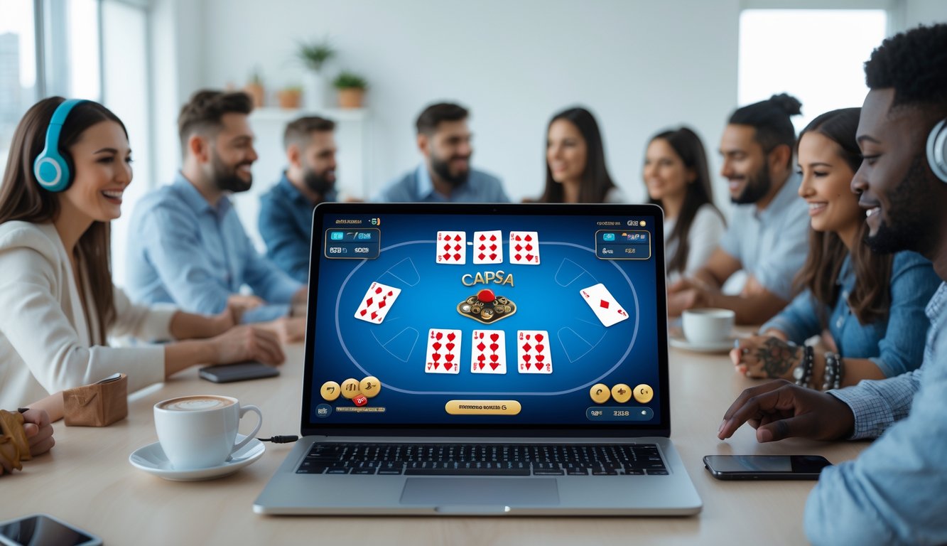 Orang-orang bermain permainan kartu Capsa secara online menggunakan perangkat digital di lingkungan yang nyaman dan profesional.