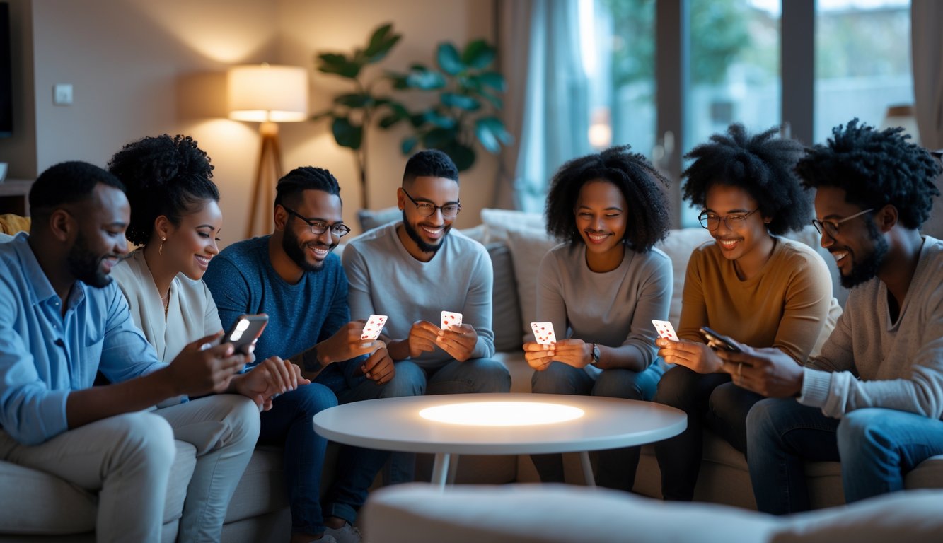 Sekelompok orang bermain kartu secara online menggunakan perangkat digital di ruang tamu yang nyaman.