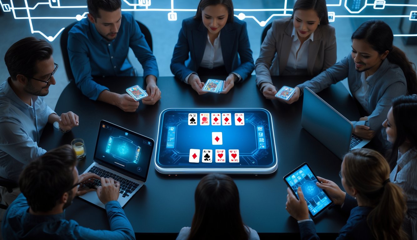 Orang-orang sedang bermain kartu secara online menggunakan perangkat digital di meja yang nyaman.