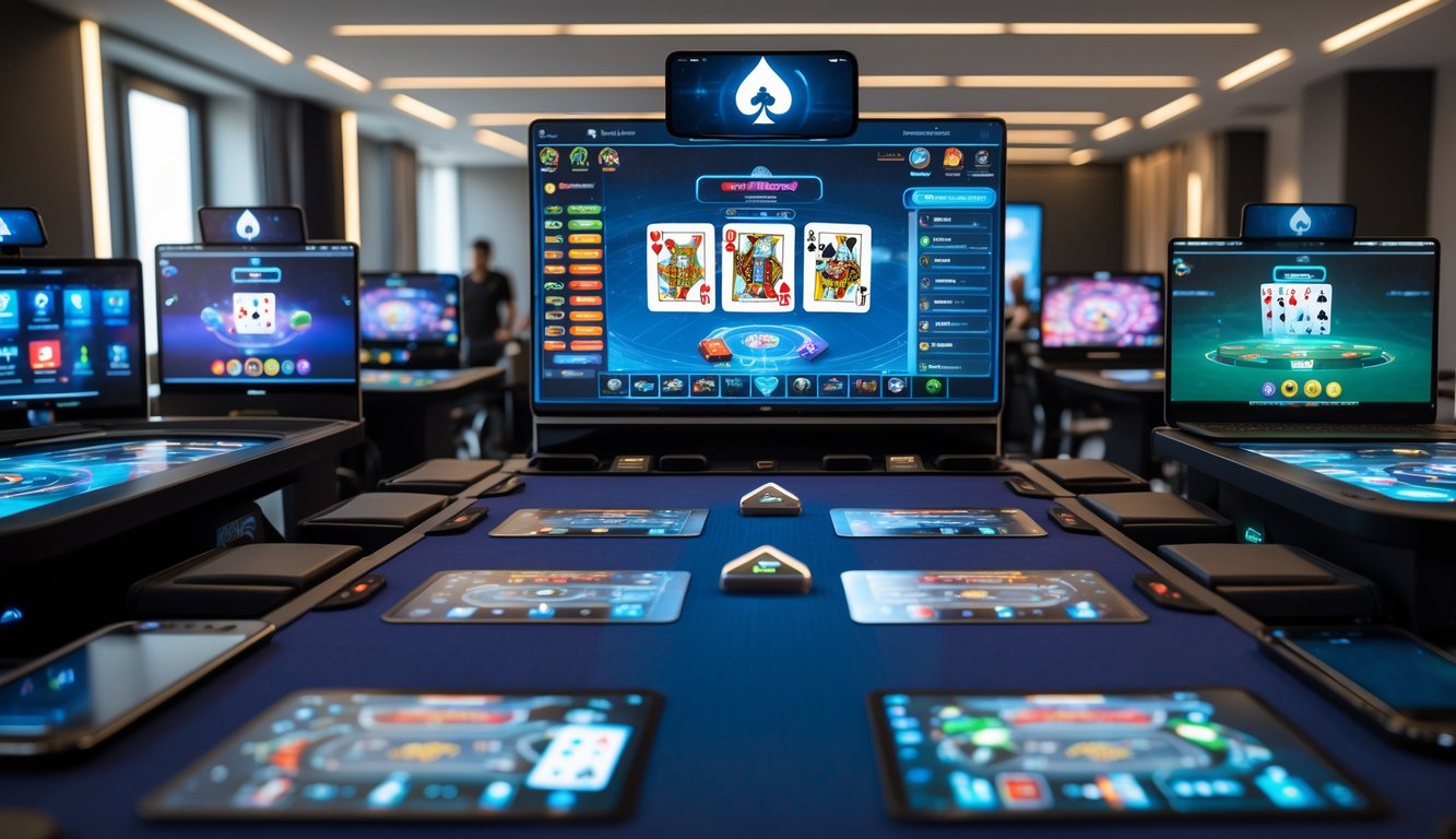 Beberapa orang bermain judi kartu online dengan berbagai meja permainan di ruang modern yang terang dan bersih.