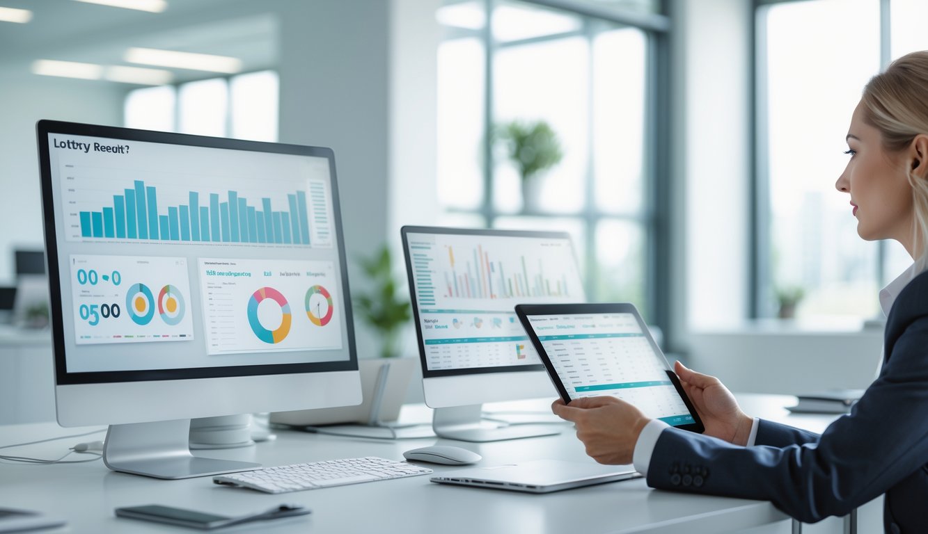 Ruang kerja kantor dengan komputer yang menampilkan grafik dan data, seseorang sedang memeriksa data pada tablet di lingkungan yang terang dan rapi.