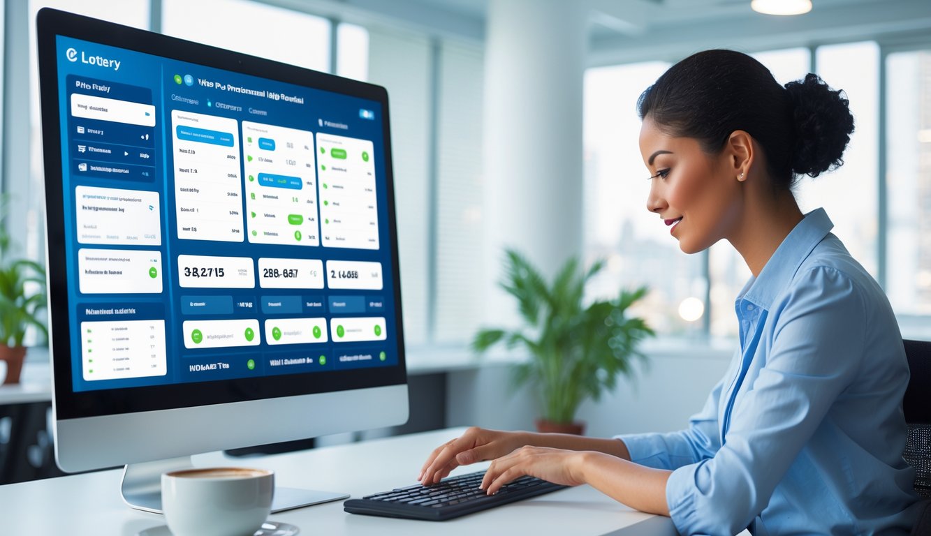 Seorang profesional menggunakan komputer dengan tampilan platform lotere digital yang terstruktur lengkap di kantor modern.