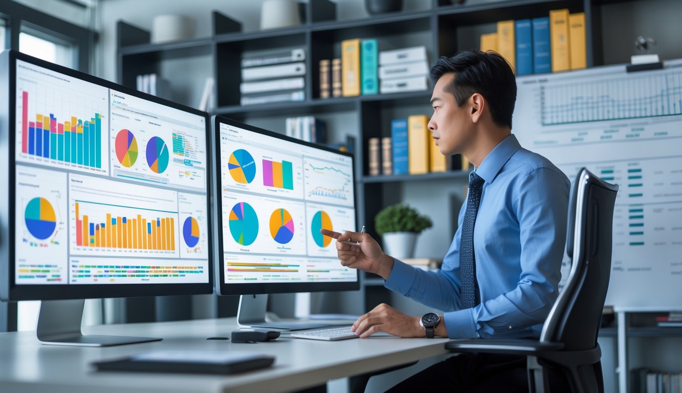 Seorang profesional sedang menganalisis data dan statistik di depan beberapa monitor komputer di ruang kerja modern.