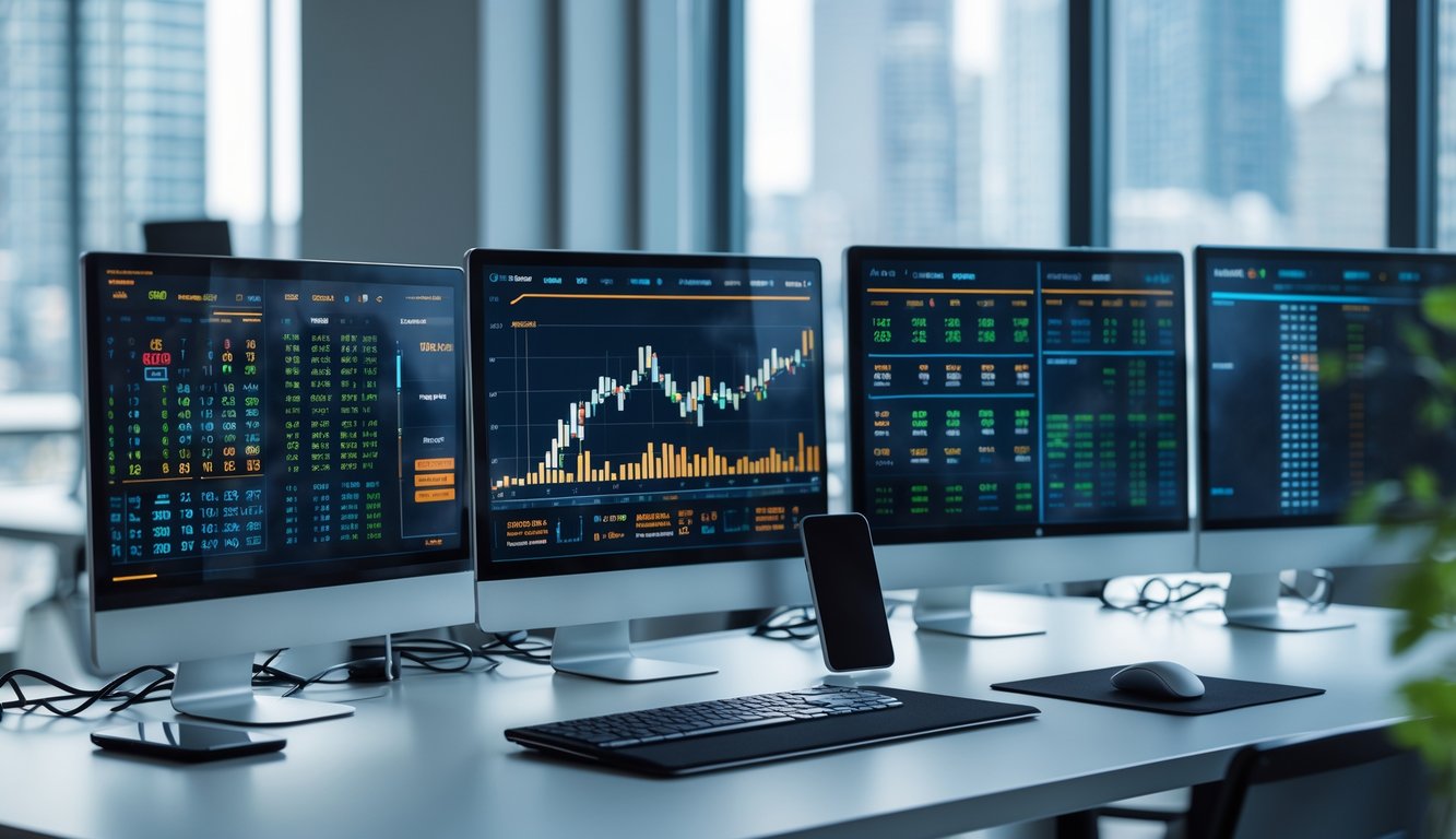 Sebuah ruang kerja modern dengan beberapa monitor menampilkan data angka secara real-time terkait hasil togel.