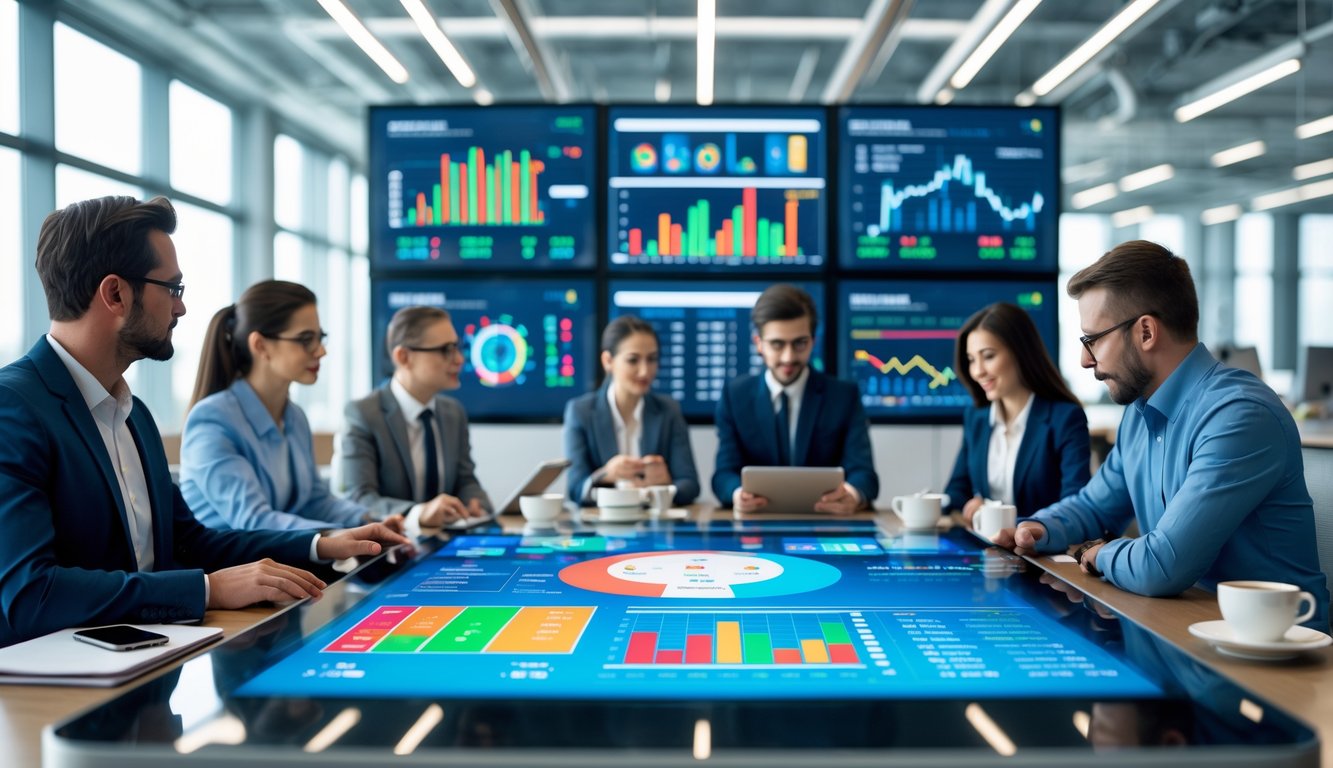 Sekelompok profesional bekerja bersama di kantor modern dengan layar digital yang menampilkan grafik dan data pasar togel secara akurat.