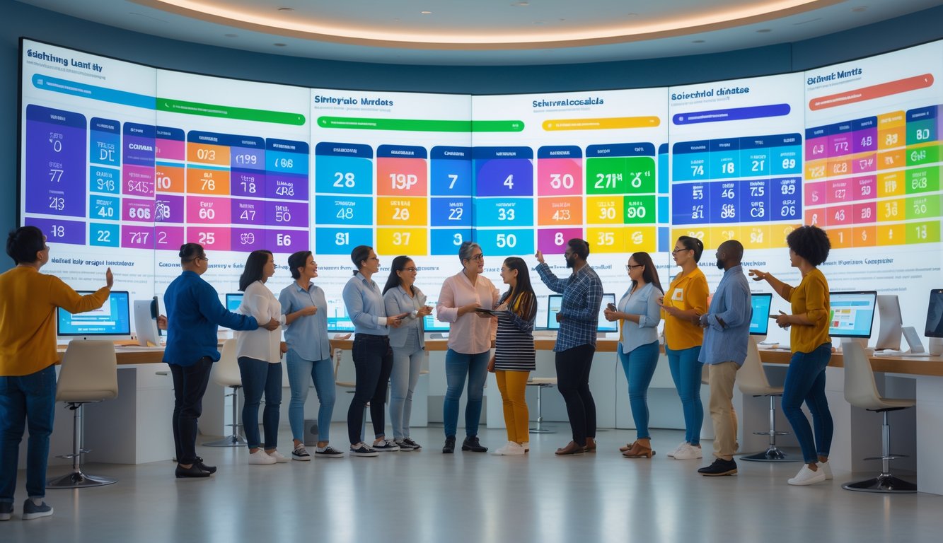 Sekelompok orang dari berbagai latar belakang berkumpul di ruang komunitas modern, melihat layar digital yang menampilkan data dan angka terkait pembaruan jadwal togel.