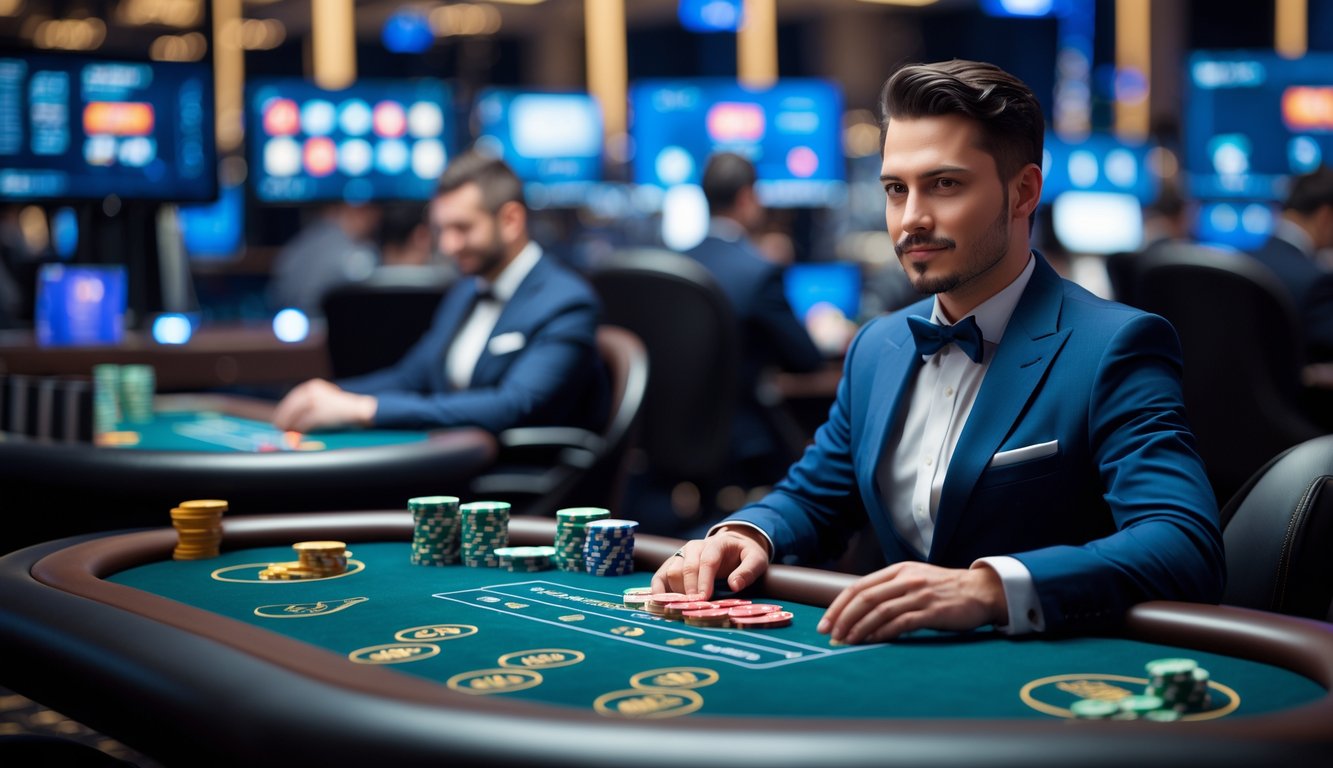 Seorang dealer profesional sedang mengelola permainan kasino langsung secara online di meja dengan kartu dan chip.