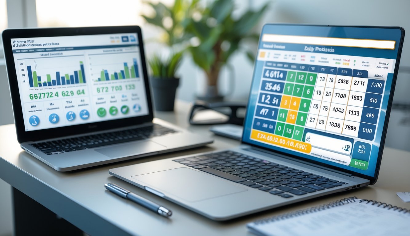 Meja kerja modern dengan laptop, smartphone, dan alat tulis yang digunakan untuk analisis angka harian.