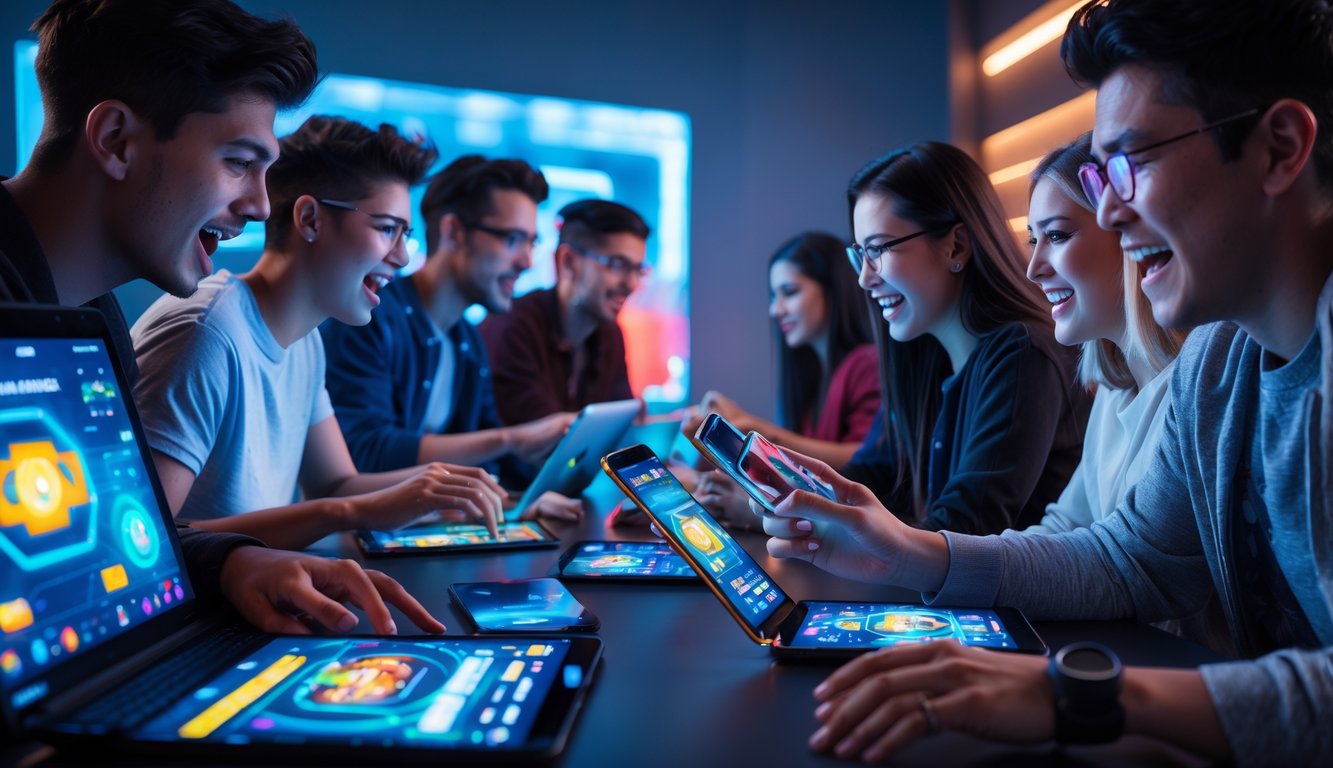 Sekelompok orang muda sedang bermain game online secara langsung menggunakan berbagai perangkat digital di ruangan modern.