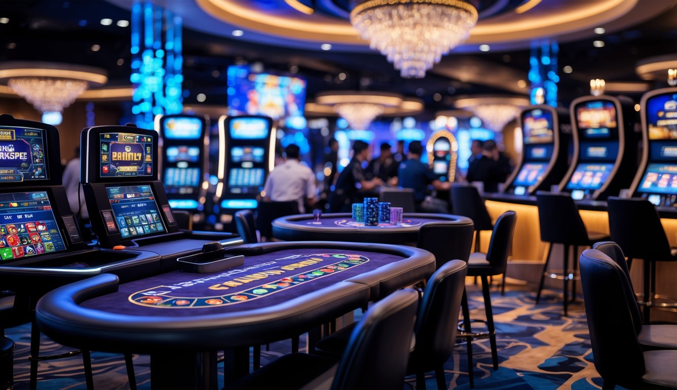 Beberapa meja permainan online yang beragam dengan pemain yang sedang bermain di lingkungan kasino virtual.