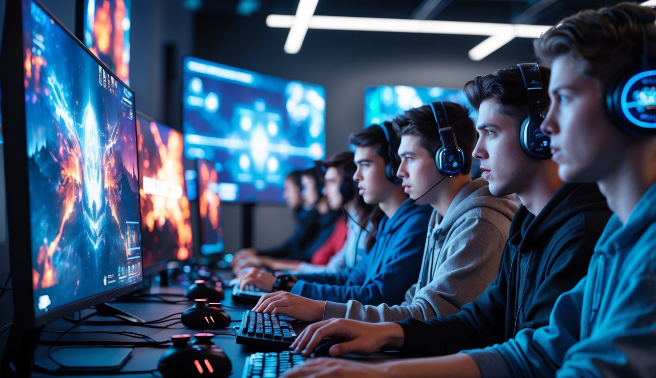 Sekelompok orang muda sedang bermain game online dengan fokus di depan beberapa layar komputer dalam ruangan modern.