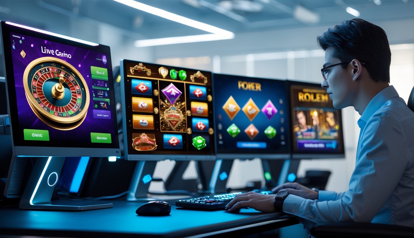 Seseorang menggunakan komputer dengan beberapa layar menampilkan permainan kasino online dalam ruangan kantor yang rapi dan terang.
