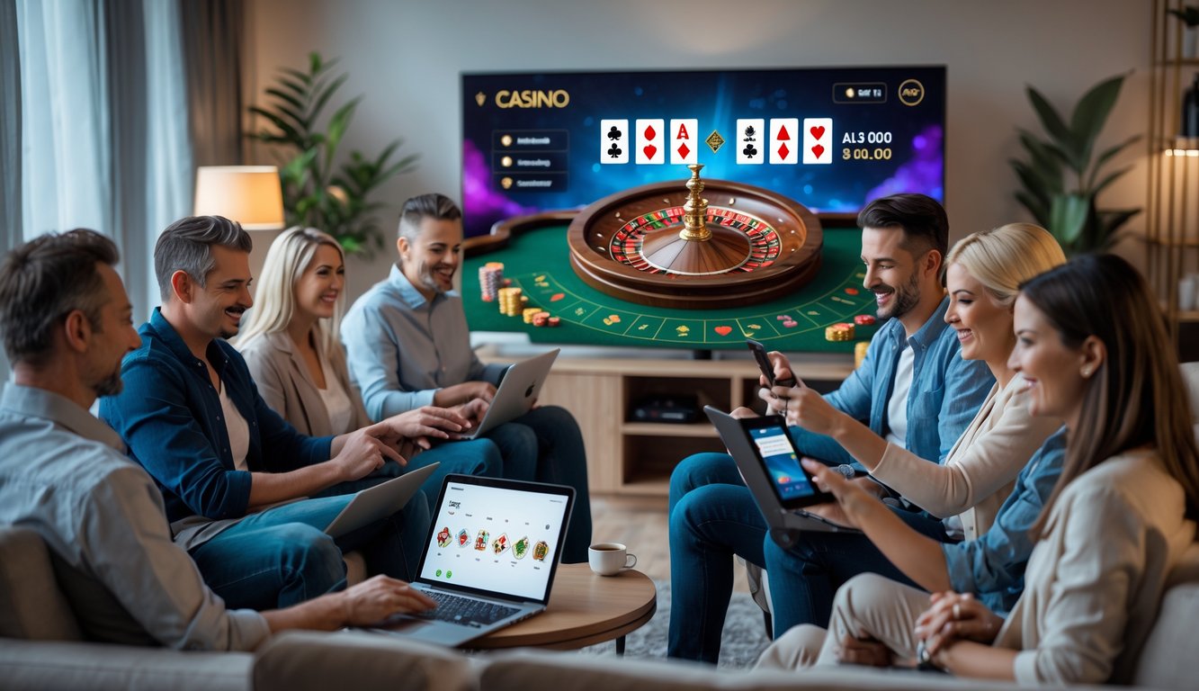 Sekelompok orang dewasa bermain permainan kasino online secara langsung di ruang tamu modern dengan layar besar dan perangkat digital.