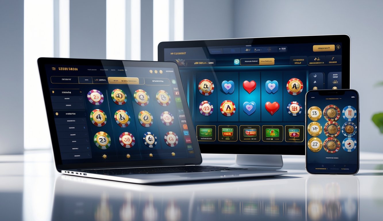 Beberapa perangkat digital menampilkan berbagai permainan judi populer secara bersamaan di layar mereka.