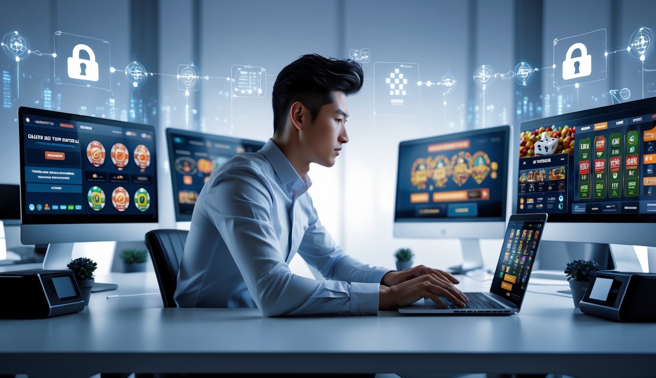 Seorang profesional menggunakan komputer dan ponsel di lingkungan kerja modern dengan layar menampilkan permainan judi online yang stabil dan aman.