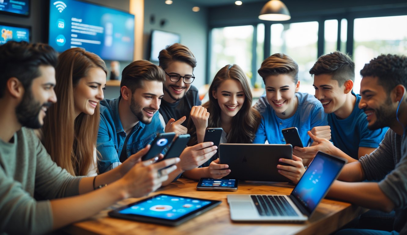 Sekelompok orang beragam sedang berkumpul di ruang santai modern menggunakan perangkat digital dengan suasana ramah dan penuh semangat.