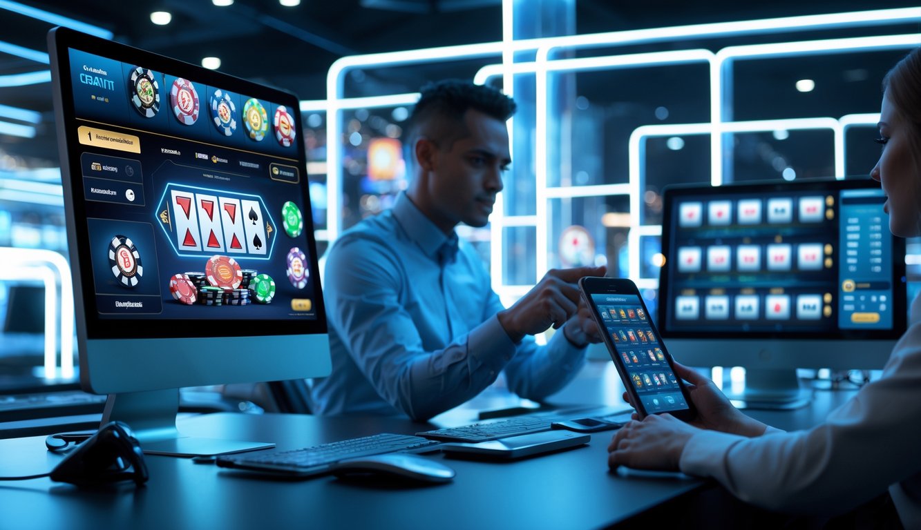 Seseorang menggunakan tablet dan ponsel di depan beberapa layar komputer yang menampilkan permainan judi online dengan latar belakang teknologi modern.