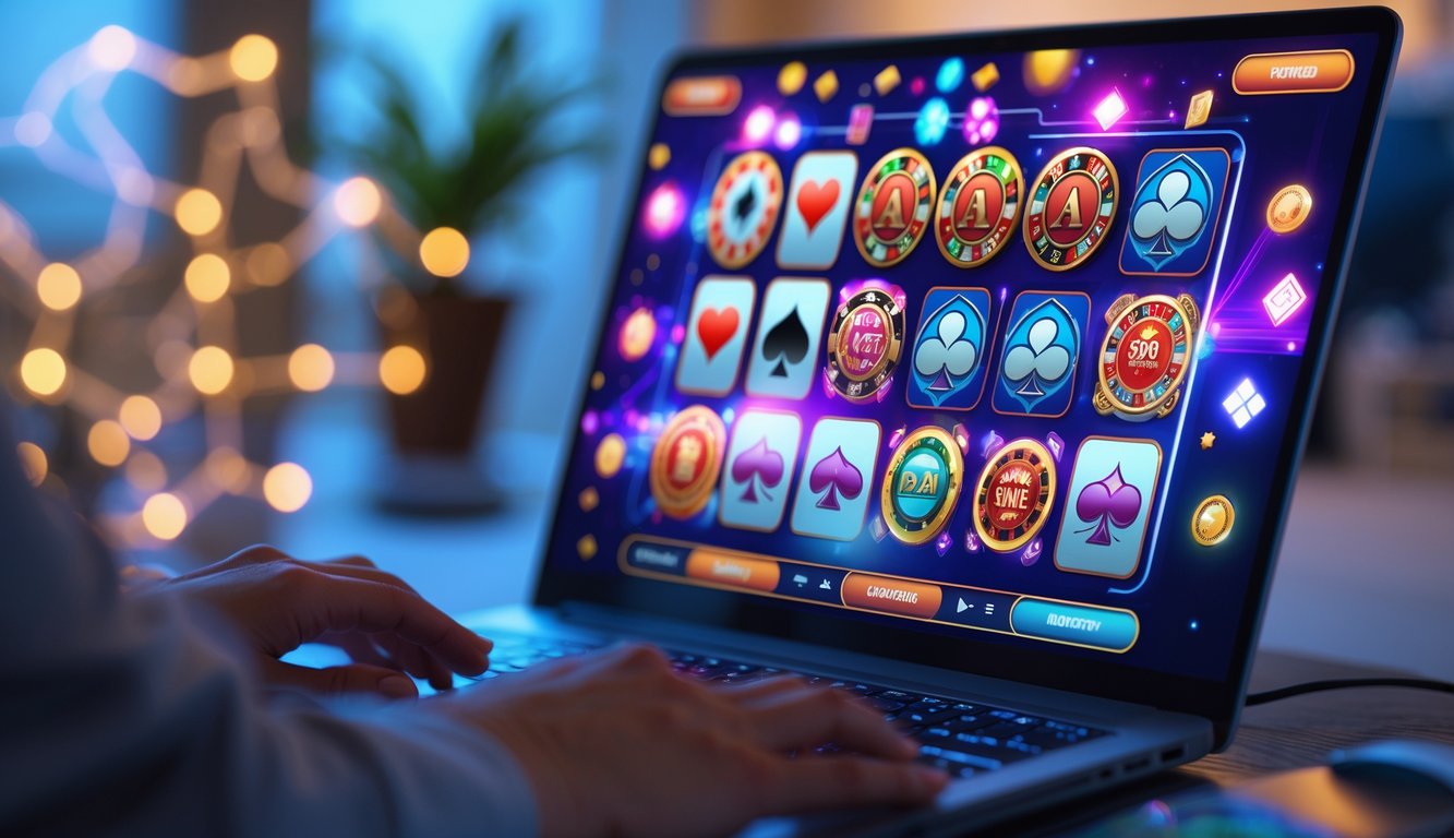 Seseorang menggunakan laptop dengan tampilan permainan judi online di layar dalam suasana ruangan yang nyaman.