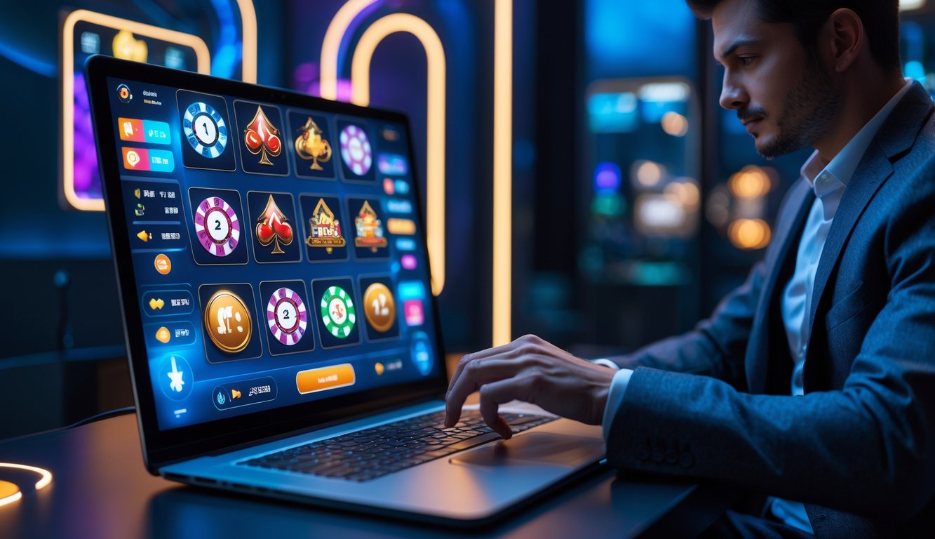 Seseorang menggunakan komputer dengan tampilan permainan judi online interaktif di ruangan yang modern dan nyaman.