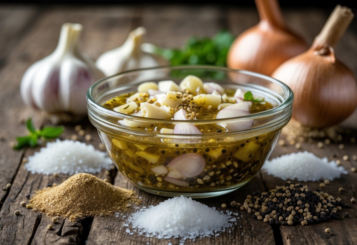 Tigela de vidro com marinada contendo alho, cebola, cominho, sal e pimenta-do-reino sobre mesa de madeira, com ingredientes frescos ao redor.