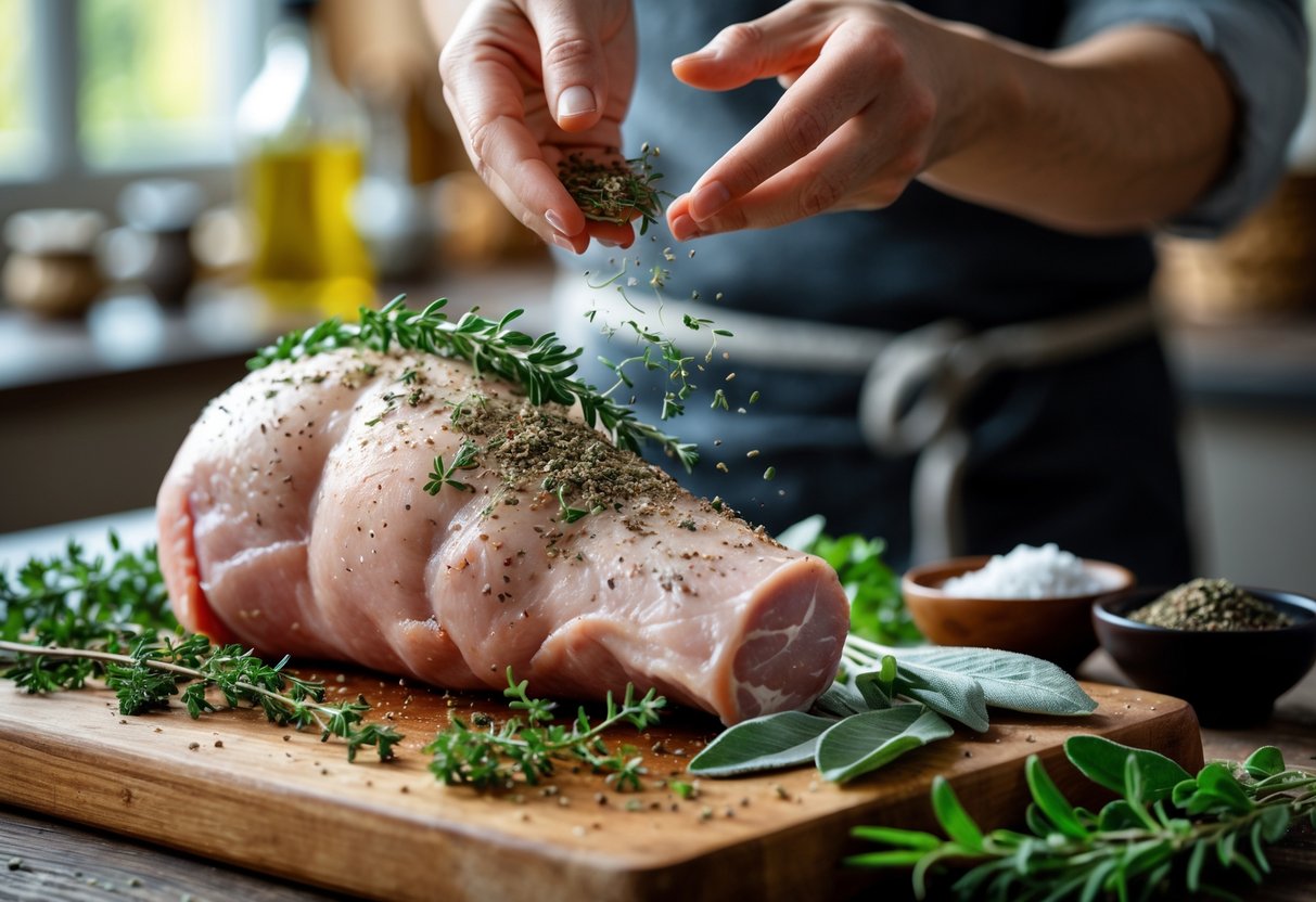 Mão temperando pernil de porco cru com tomilho, alecrim e sálvia em uma tábua de madeira, com potes de sal, pimenta e azeite ao redor.