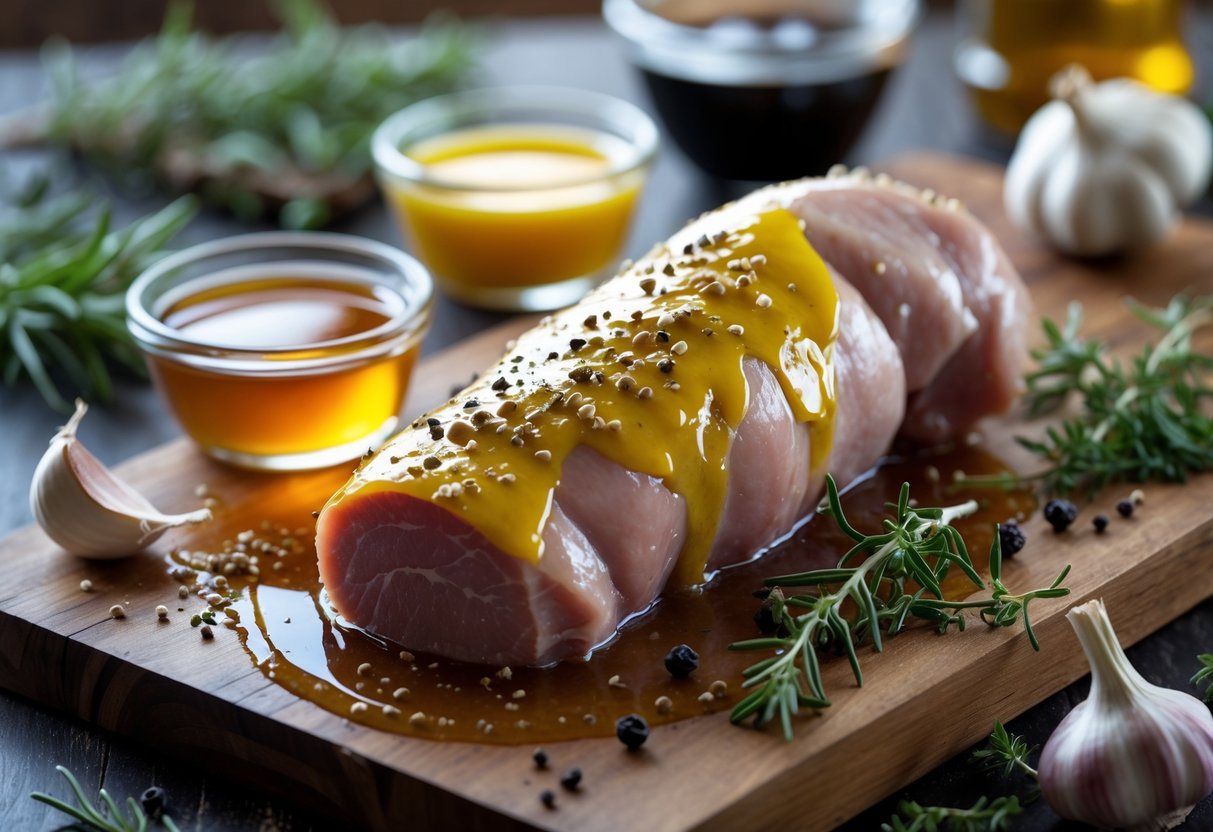 Pernil de porco cru sendo temperado com mel, mostarda e vinagre balsâmico em uma tábua de madeira, cercado por ingredientes frescos e ervas.