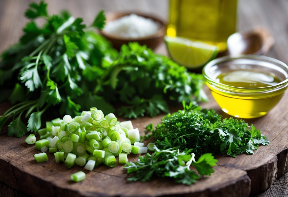 Ingredientes frescos para tempero verde com cebolinha, salsinha, suco de limão e azeite dispostos sobre uma superfície de madeira.