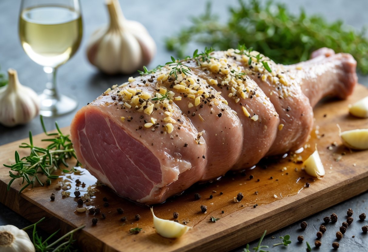 Pernil de porco temperado com vinho branco seco, alho e pimenta-do-reino sobre uma tábua de madeira, rodeado por ingredientes frescos em uma cozinha iluminada.