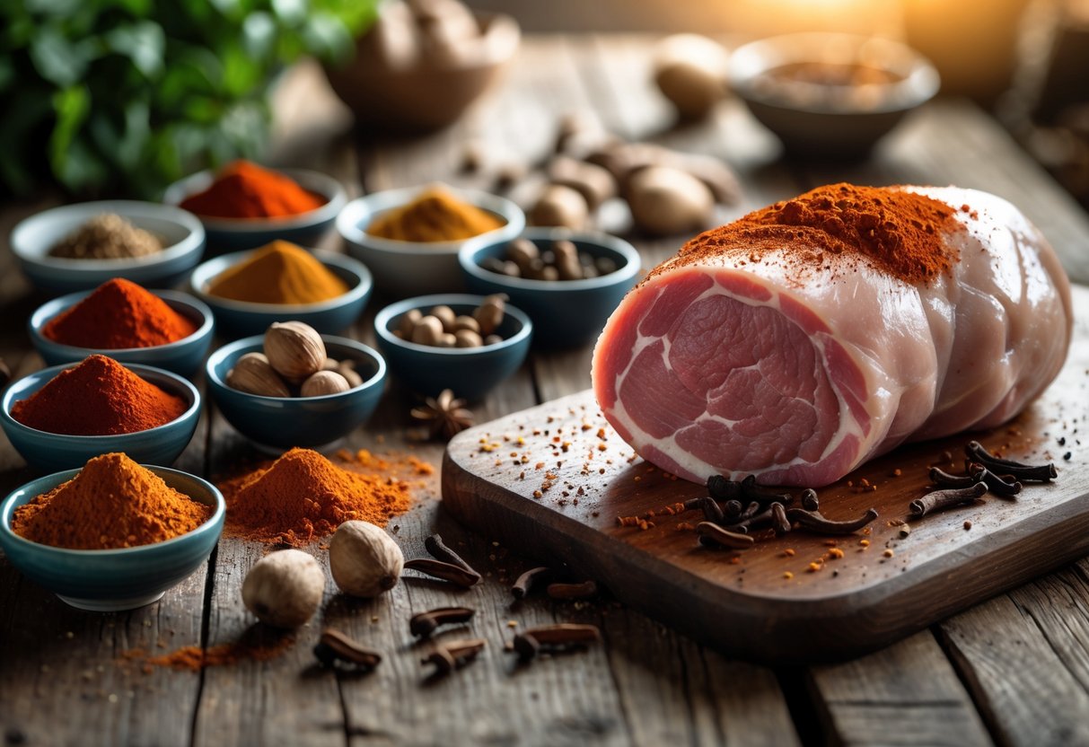 Mesa de madeira com especiarias como páprica, noz-moscada e cravo ao lado de um pernil de porco cru sendo temperado.