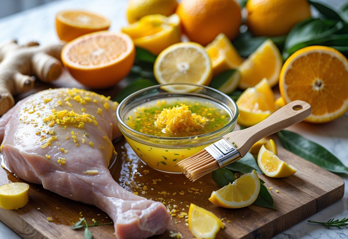 Ingredientes frescos de laranja, limão e gengibre ao lado de um pernil de porco sendo temperado em uma bancada de cozinha.