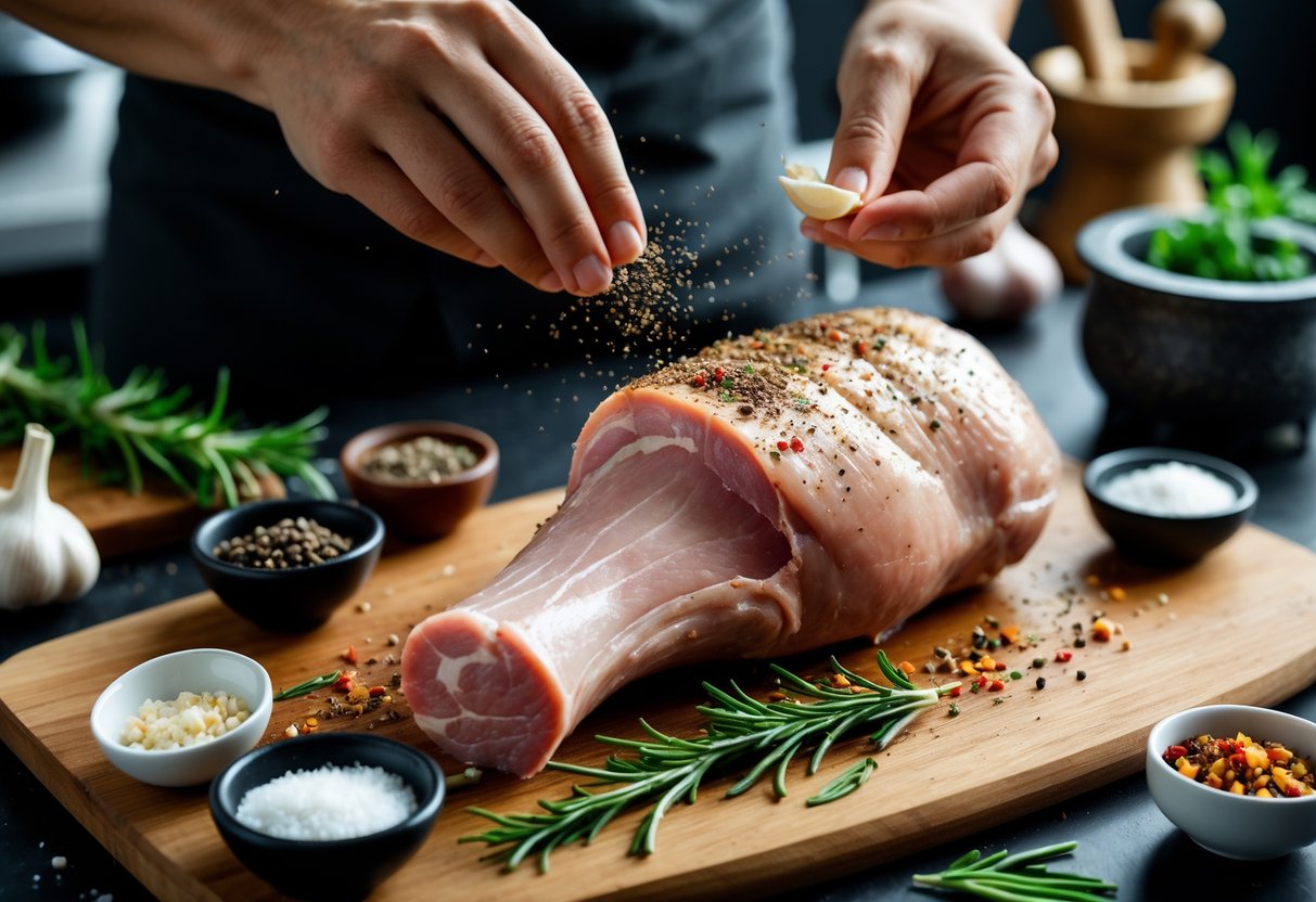 Mãos temperando um pernil de porco cru sobre uma tábua de corte com temperos e ervas ao redor.