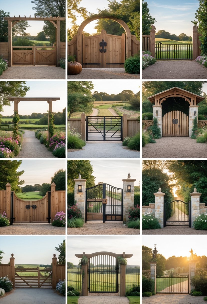 A collection of 17 different farmhouse gate entrances made from wood and iron, surrounded by plants and rural landscapes.