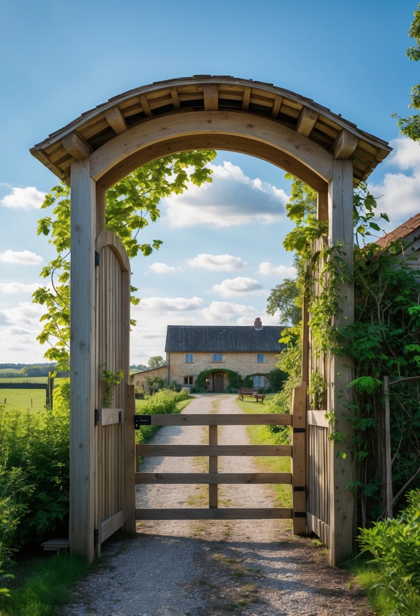 A wooden archway gate at the entrance of a farmhouse with greenery and a gravel path leading inside.