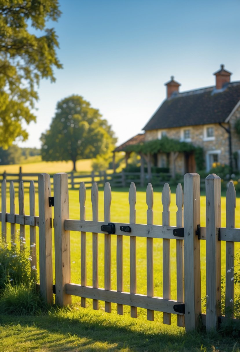 A wooden picket fence gate at the entrance of a farmhouse with green grass, wildflowers, and trees under a clear blue sky.